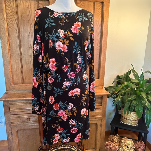 LOFT Open Back Black Floral Long-Sleeve Mini Dress Pink & Teal Accents size 14 - Picture 5 of 16
